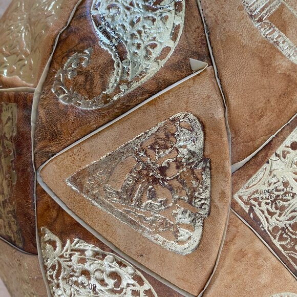 Round Leather Pouf Ottoman with Egyptian Accents - Picture 6 of 8